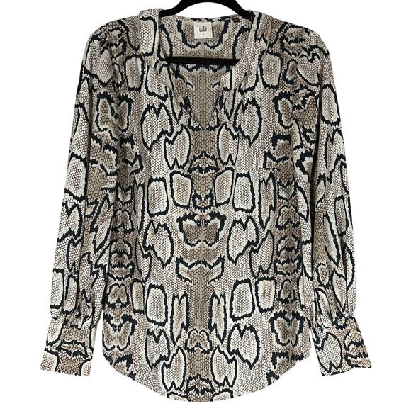 CAbi Tops - Cabi Serpentine Snakeskin Blouse Sz S Ruffle Collar‎ Balloon Sleeve Split Neck